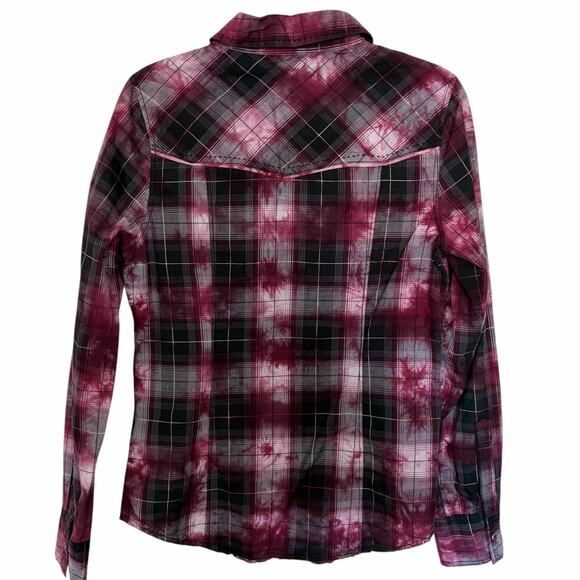 Affliction Womens Y2K Button Up Shirt M Black Maroon Plaid Moto Spell Out Logo - Picture 2 of 12
